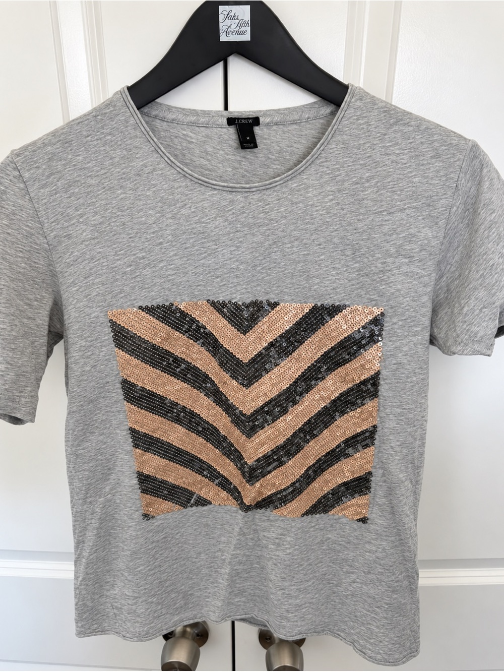 J. Crew Gray Short Sleeve Tee with Silver and Rose Gold Sequin Chevron Panel